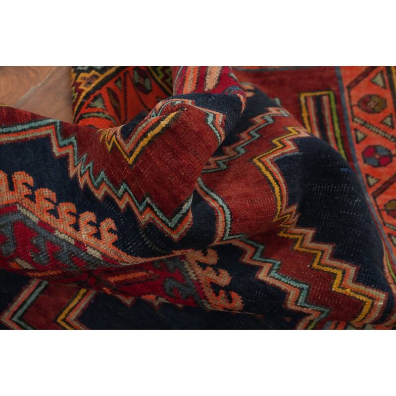 Hand Knotted Oriental 100% Wool Carpet Traditional Geometric Navy Blue & Blues Ardebil Runner Rug - 10' 5'' X 3' 9''