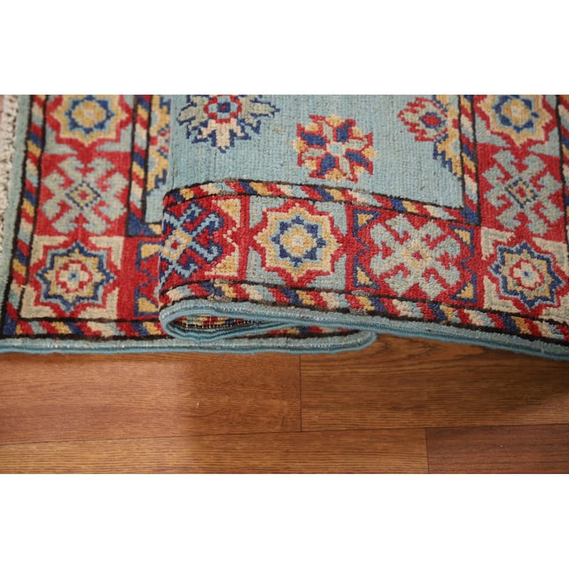 Light Blue Geometric Kazak Oriental Foyer Rug Hand-Knotted Wool Carpet - 2'0" x 3'0"