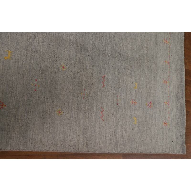 Tribal Gabbeh Area Rug Hand-Knotted Beige Wool Carpet - 8'1"x 9'8"