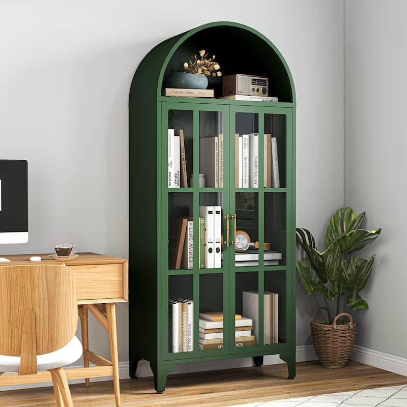 73.6-Inch Arched Metal Storage Display Cabinet with Glass Doors