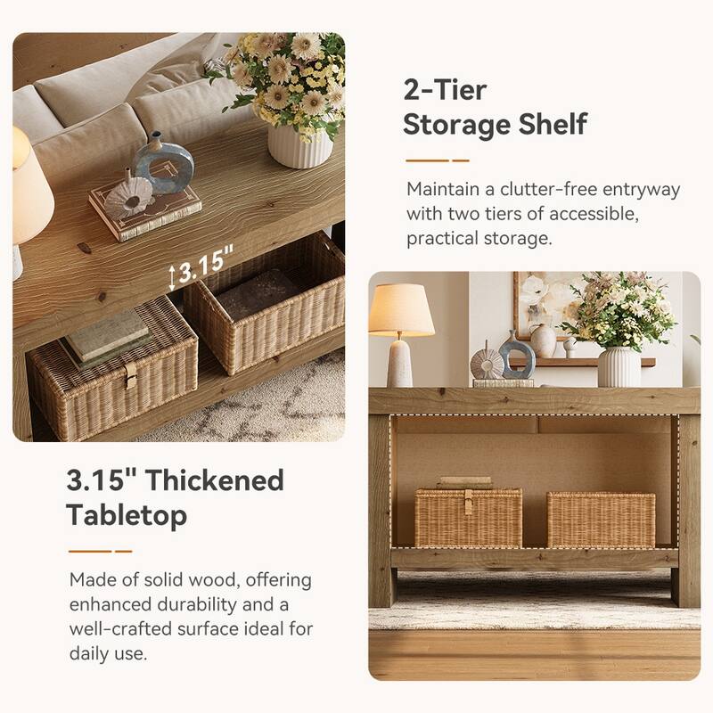 63'' Solid Wood Console Table with Shelf, 2-Tier Narrow Entryway Table