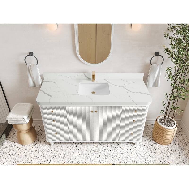 Willow Collections 60 in. W x 22 in. D Reeded Miami Single Bowl Sink Bathroom Vanity with Countertop - 2”Calacatta Laza - White