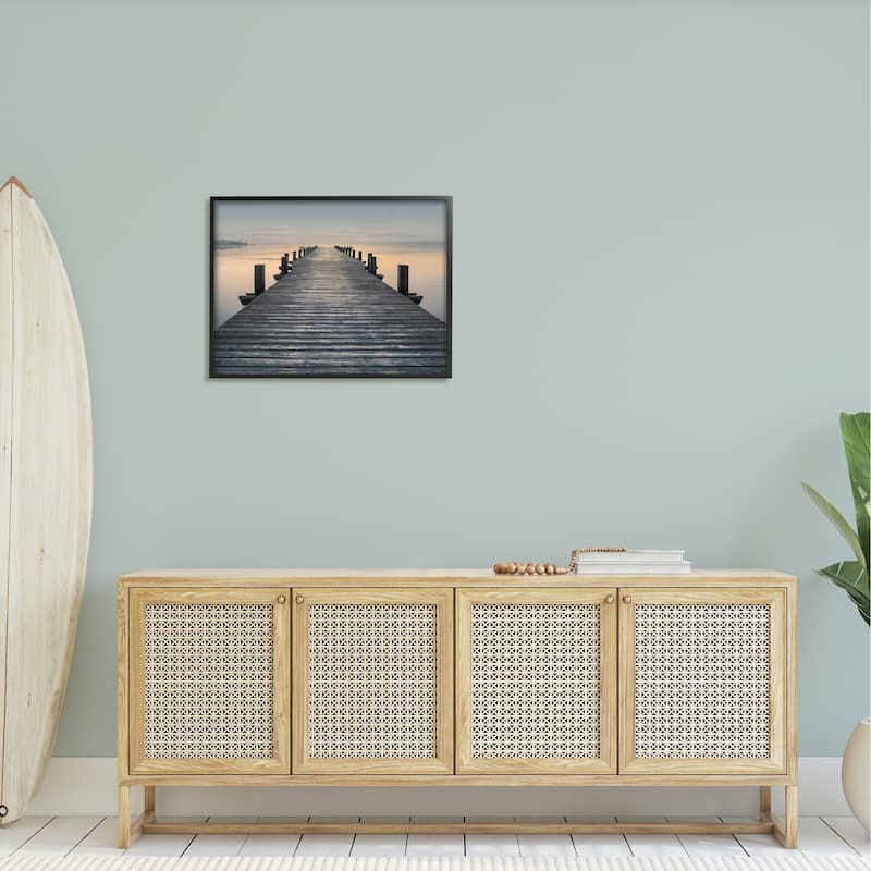 Stupell Quiet Serene Dock Pier Foggy Morning Sunrise Scenery Framed Wall Art - Orange