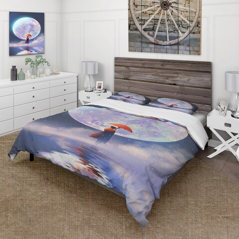 Designart 'Woman With Umbrella Standing On Water Against Moon' Traditional Duvet Cover Set