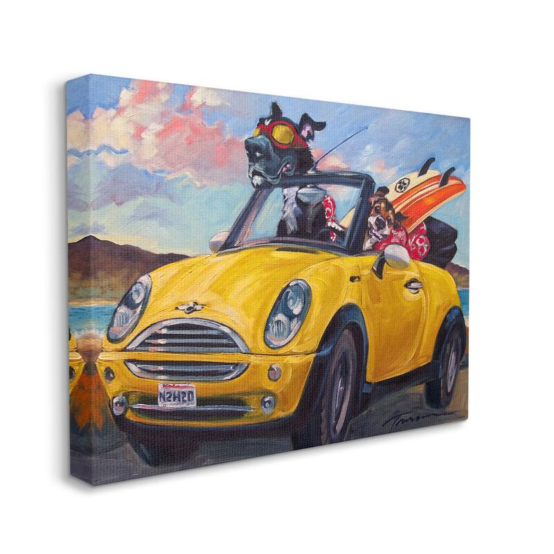 Stupell Pet Dogs Yellow Convertible Surfboard Beach Car Canvas Wall Art