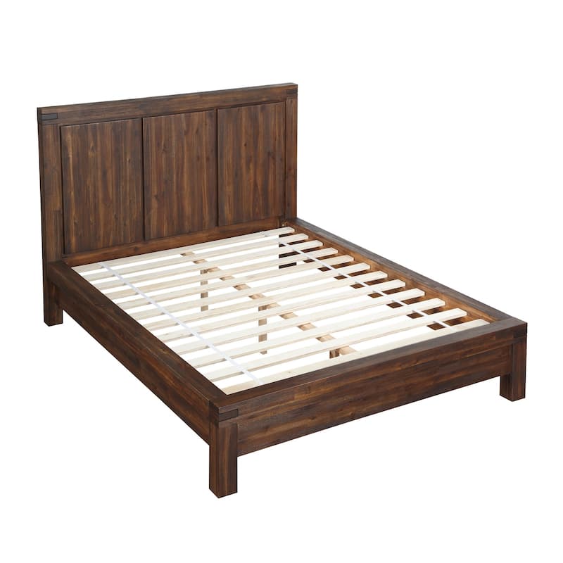 Gael Low Profile King Size Panel Bed, Rustic Aesthetic, Brown Acacia Wood