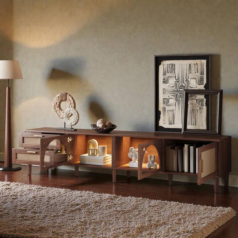 86" TV Stand for TVs up to 90", Modern Media Console with App-Controlled LED Lights, Rattan Doors, Drawers & Glass Storage