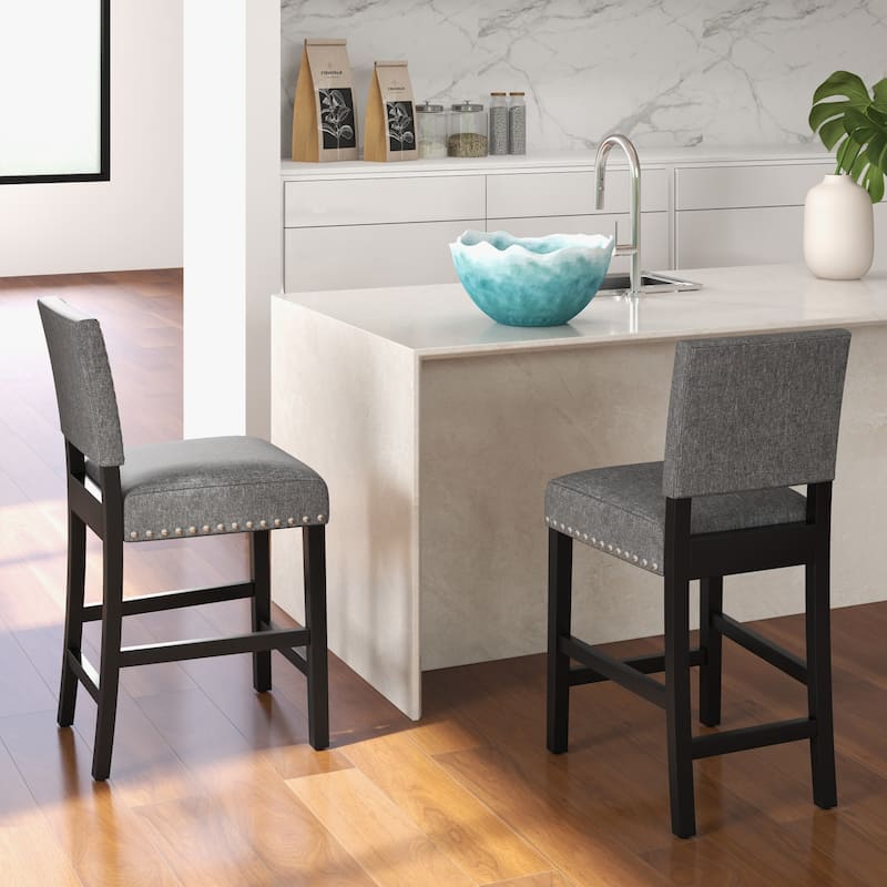 Set of 2 Counter Height Bar Stools with Footrest and Rubber Wood Frame Comfortable Seating