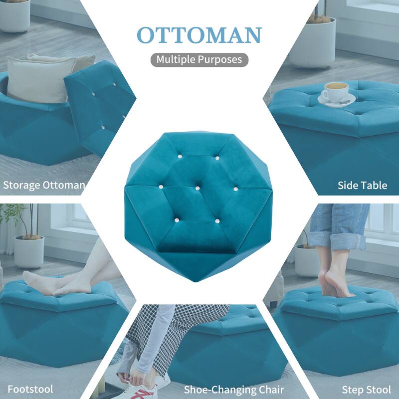 Blue Elegant Velvet Diamond Tufted Storage Ottoman - Multi-Functional Seating for Living & Bedroom