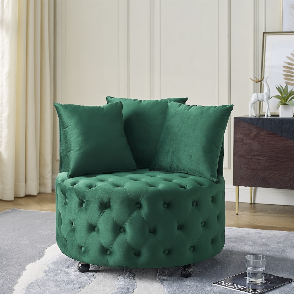 Green Modern 30" Upholstered Swivel Button Tufted Accent Chair with Movable Wheels and 3 Pillows