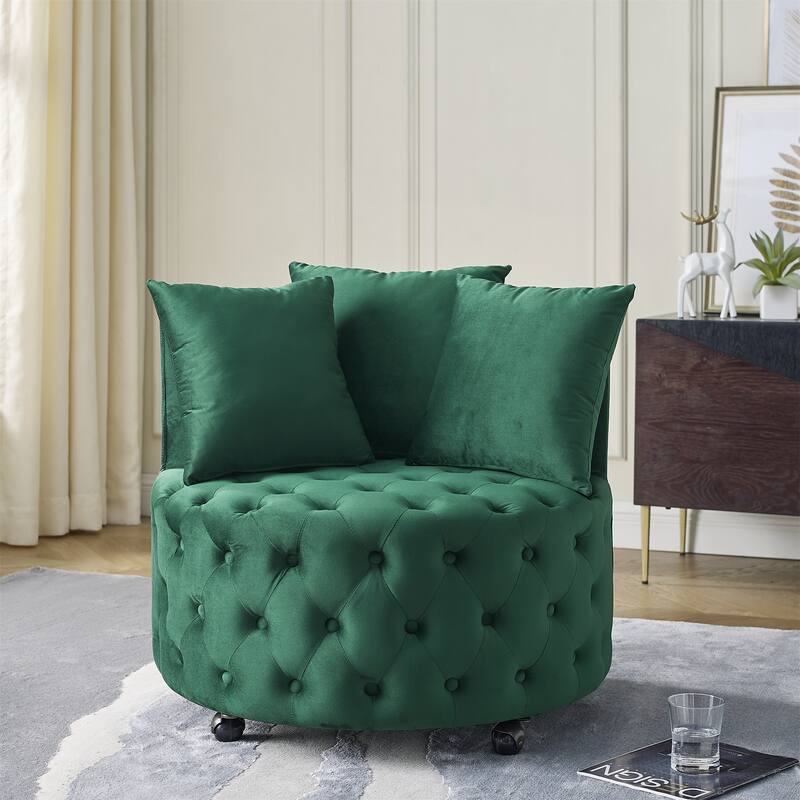 Roomfitters Velvet Swivel Chair with Tufted Button Design, Round Accent Chair with 3 Pillows and Wheels, Lounge Seating - Green
