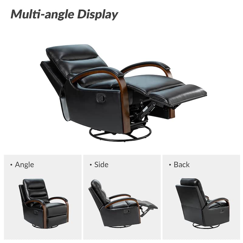 Leopold Modern Genuine Leather Swivel Rocking Manual Recliner Chair with Wooden Arm Accents by HULALA HOME