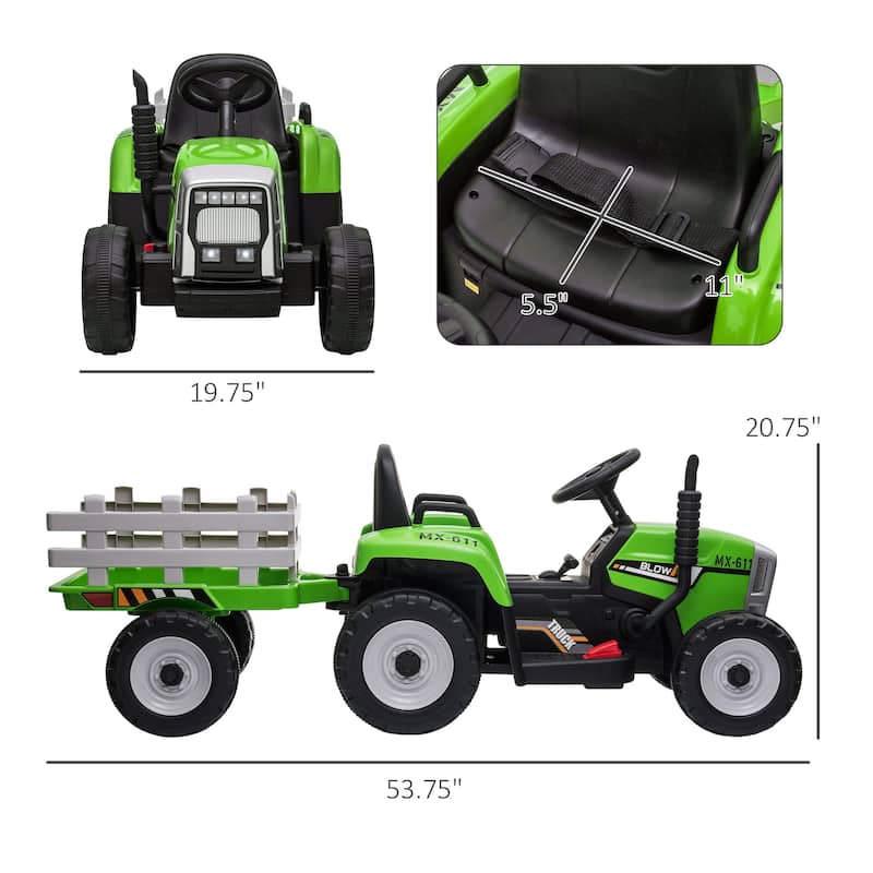 Aosom 12V Ride on Tractor with Trailer, 25W Dual Motors, Battery Powered Electric Tractor with Remote Control