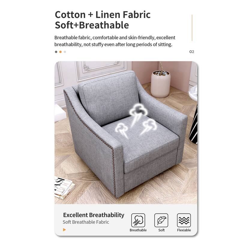 Cotton Linen Swivel Armchair with 360° Rotating Chair and Brass Nail Trim（300lb Capacity）