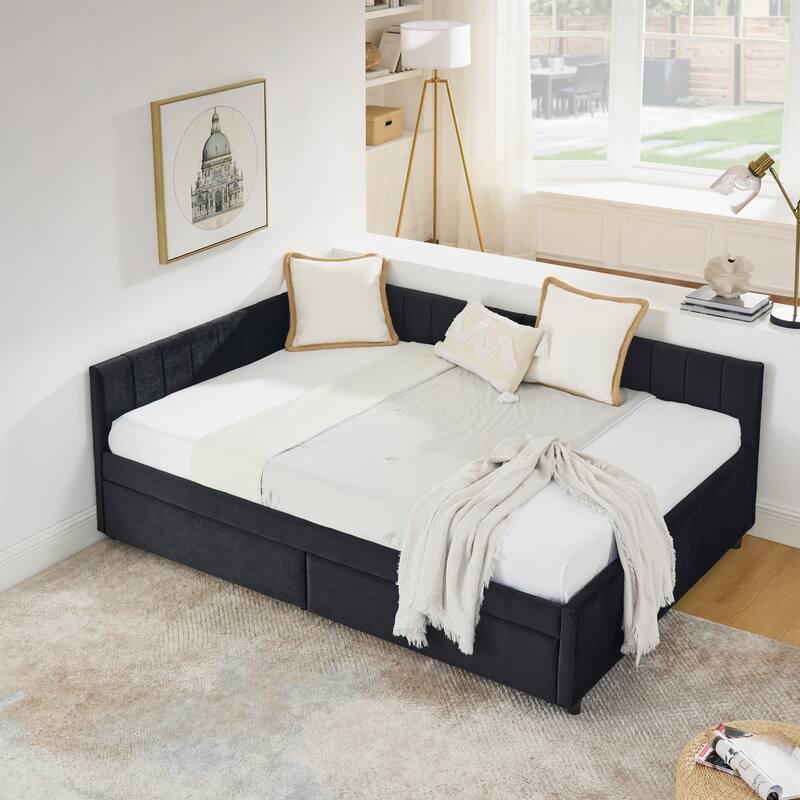 Roomfitters Full Velvet Daybed with Two Storage Drawers, Upholstered Sofa Bed Frame with Backrest and Armrests