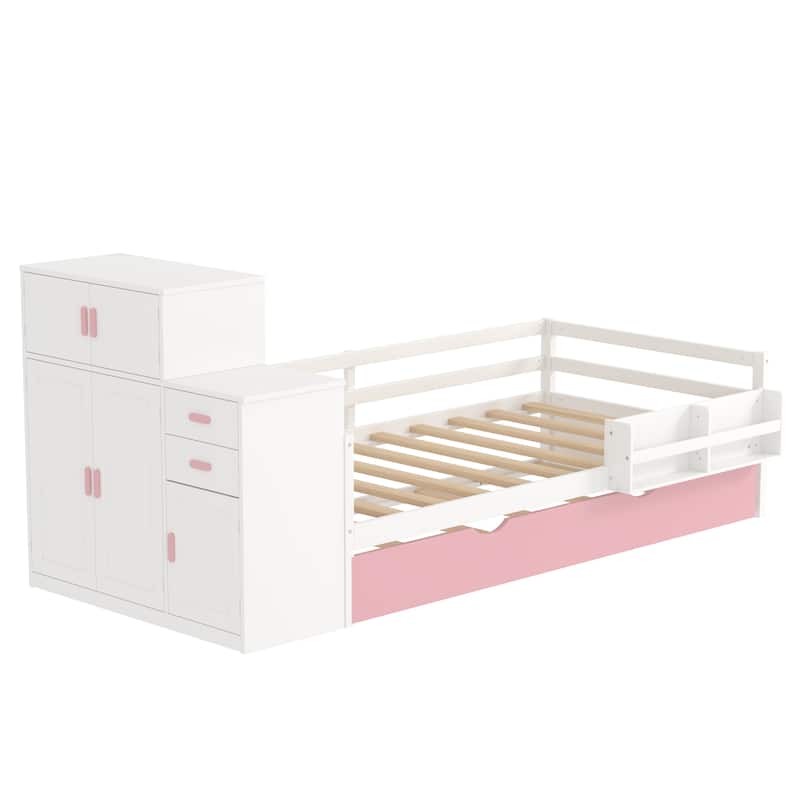 Bedside Bookshelf Wood Platform Bed, Panel Bed Frame, End of bed with Movable Wardrobe and Lockers, All-in-one Storage Bed