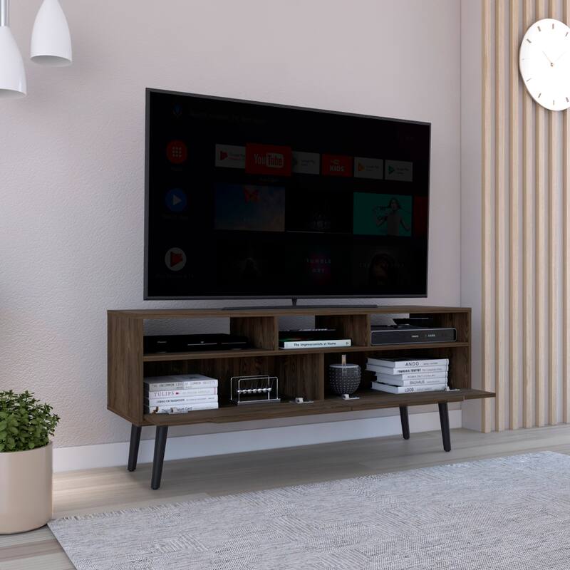 TV Stand for TV´s up 52" Bull, Three Open Shelves, Two Flexible Drawers, Dark Walnut Finish