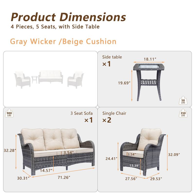 Gray Rattan Wicker High Back Outdoor Patio Furniture Sofa Seating Set