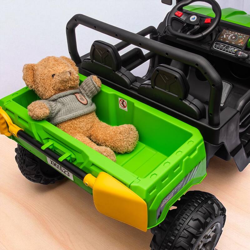 24V Two-Seater Ride-On Dump Truck with Remote Control, 2x200W Motor, Dump Bed/Shovel, Bluetooth, MP3 for Kids 3-8