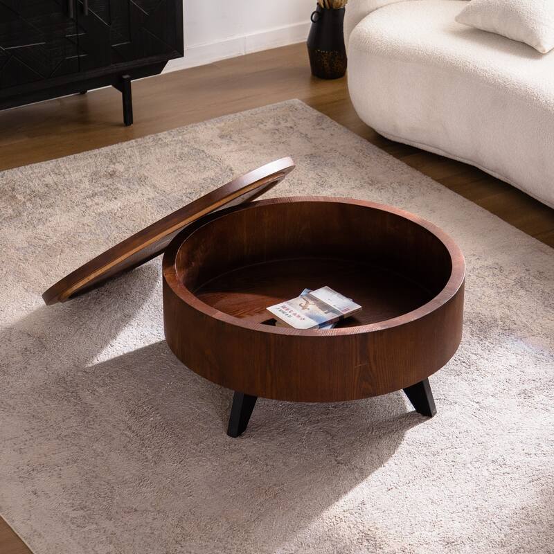 Roomfitters Round Coffee Table with Hidden Storage, Solid Wood Veneer Drum Center Table with Removable Top, Natural Wood