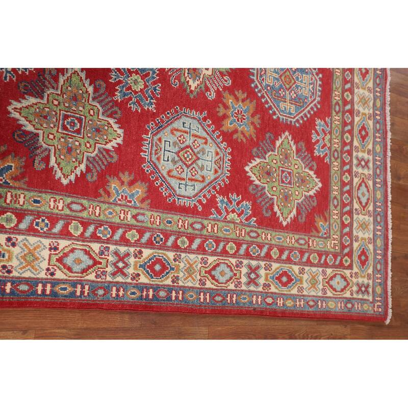 Red Geometric Kazak Area Rug Bedroom Hand-Knotted Wool Carpet - 4'8" x 7'2"