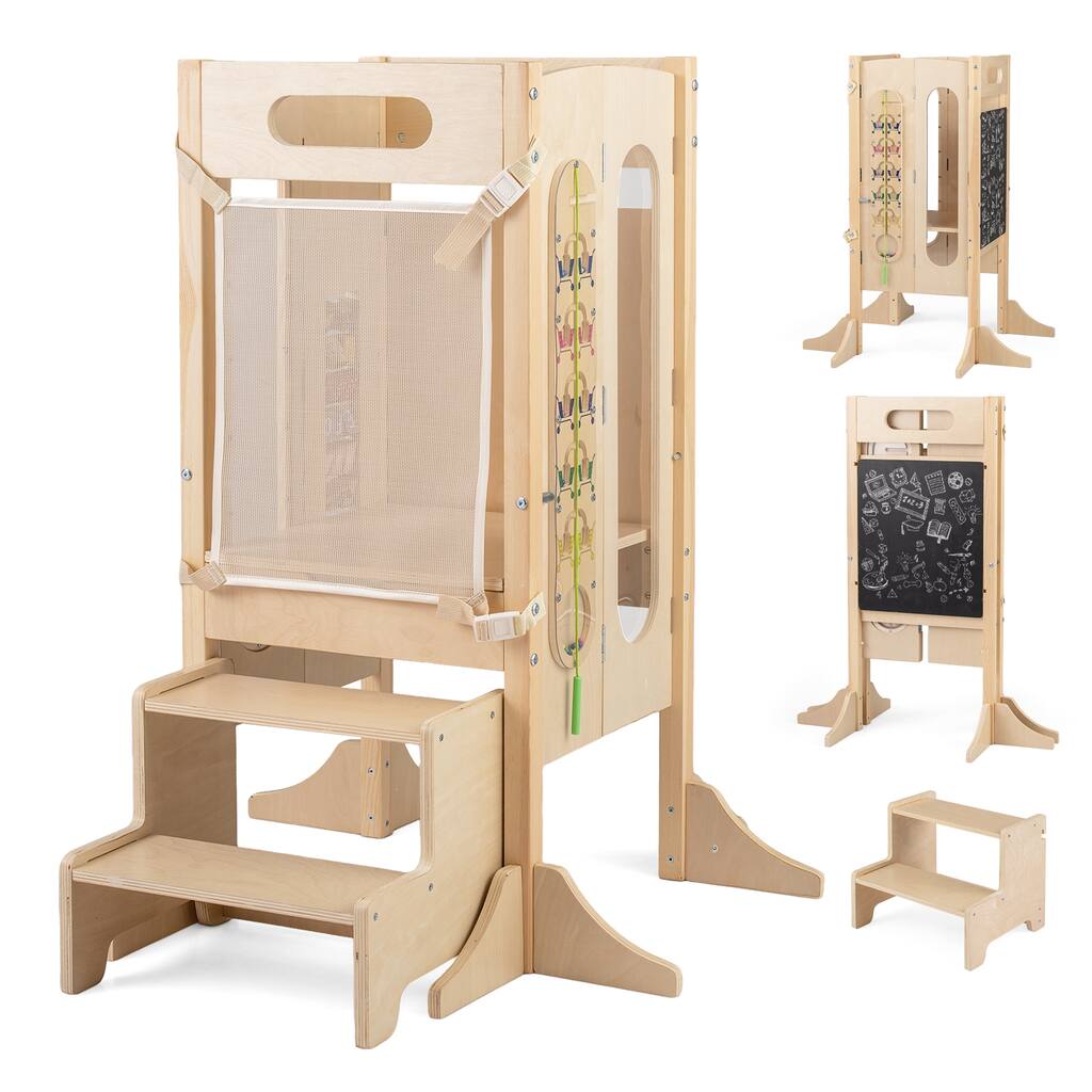 Gymax Toddler Kitchen Step Stool w/Chalkboard Detachable Safety Net