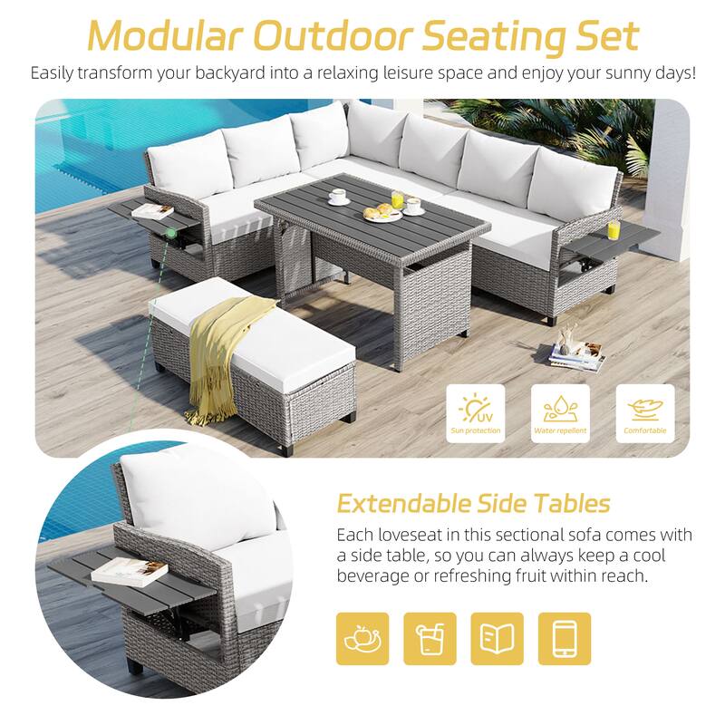 Roomfitters 5-Piece Outdoor Rattan Sofa Set, Patio Sectional Furniture with Dining Table, Storage Bench, Side Trays