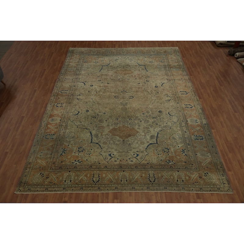 Hand Knotted Oriental 100% Wool Carpet Traditional Floral Beige & Ivories Kashan (Mohtasham) Area Rug - 16' 7'' X 12' 0''