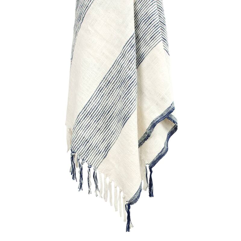 HomeRoots 50" X 60" Blue And Ivory Cotton Woven Striped Throw Blanket with Fringe