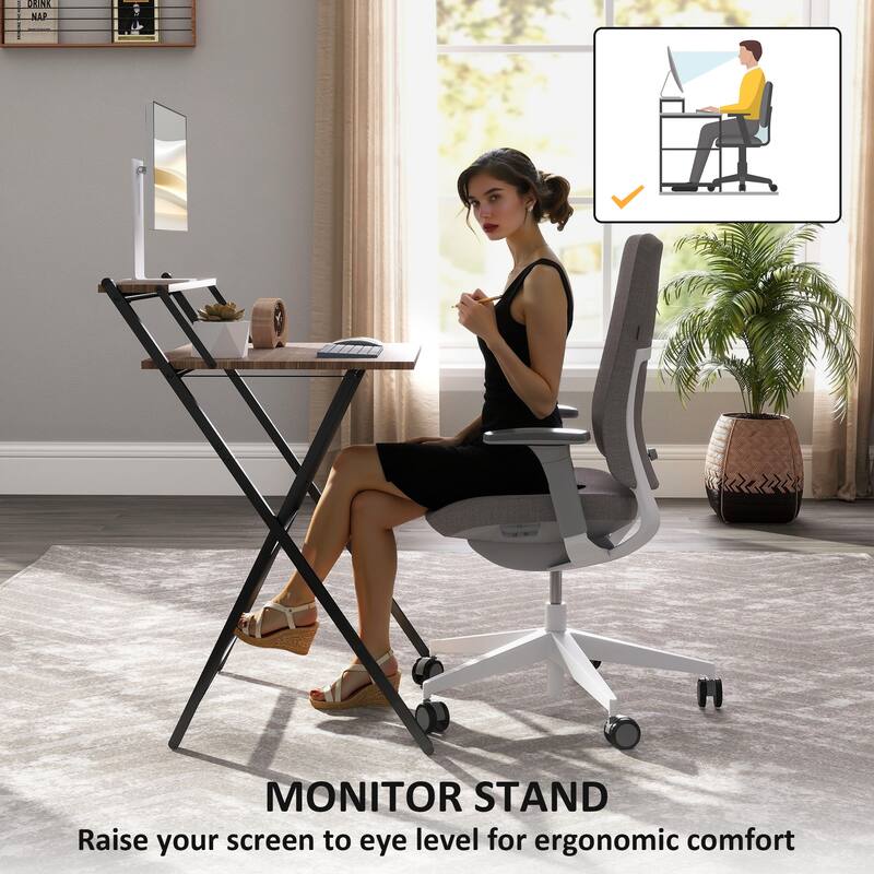 Folding Desk with Monitor Shelf Compact Space Saving Workstation Sturdy Steel Frame Easy Assembly