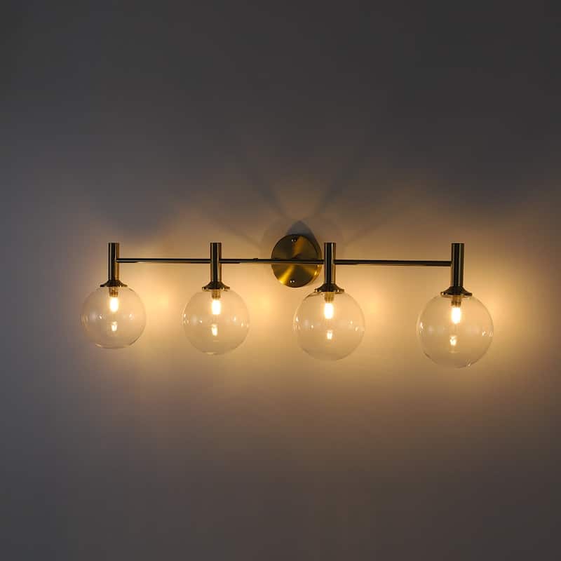 4-Light Brushed Brass Glass Globe Vanity Wall Lamp Bathroom Sconce