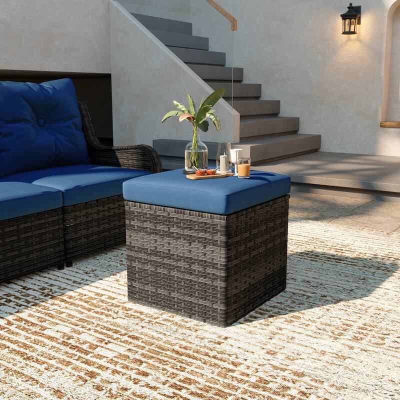 Outdoor Wicker Square Storage Ottoman with Plush Cushion