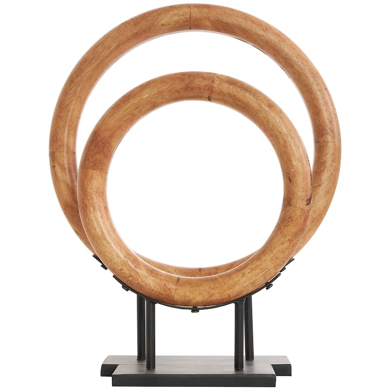 Wood Geometric Circular Ring Sculpture with Black Metal Stands - Set of 2 Brown - Roche River Decor - 4"W x 16"L x 20"H