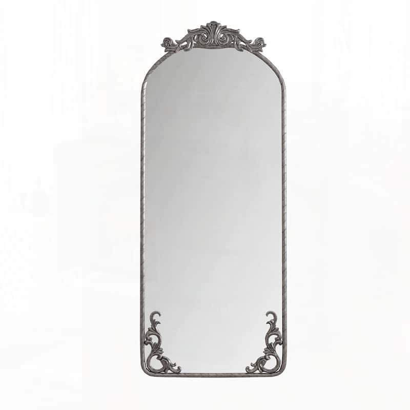 Arched Full Body Mirror with Vintage Ornate Carved Applique on Top and Bottom - 58"x24"