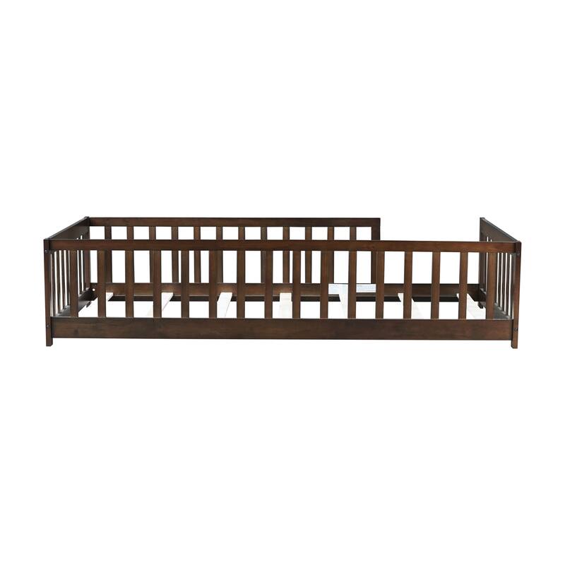 Twin Size Floor Bed with Fence without Door, Rubber Wood Floor Bed with Safety Guardrails