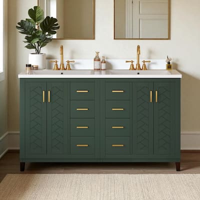 60" Green Bathroom Vanity with Double Ceramic Sink Combo, Solid Wood Frame, 3 Drawers & Soft-Close Doors Freestanding Cabinet