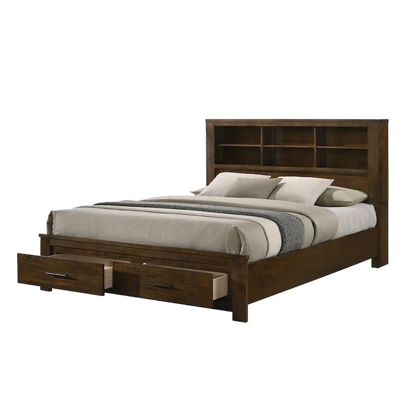 Wooden Bed with Storage Headboard in Oak Finish