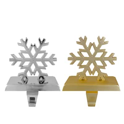 Set of 2 Gold and Silver Shiny Snowflake Christmas Stocking Holders - 5"