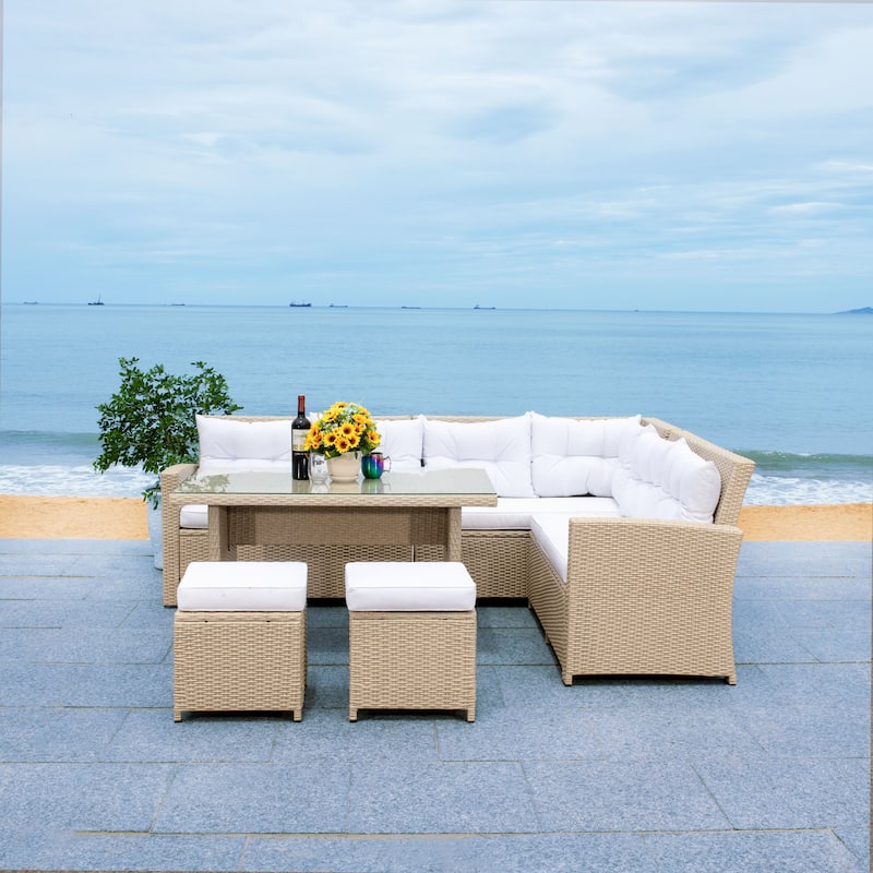 SAFAVIEH Outdoor Miki 5-piece Wicker Sectional Patio Dining Set - Beige/White Cushion