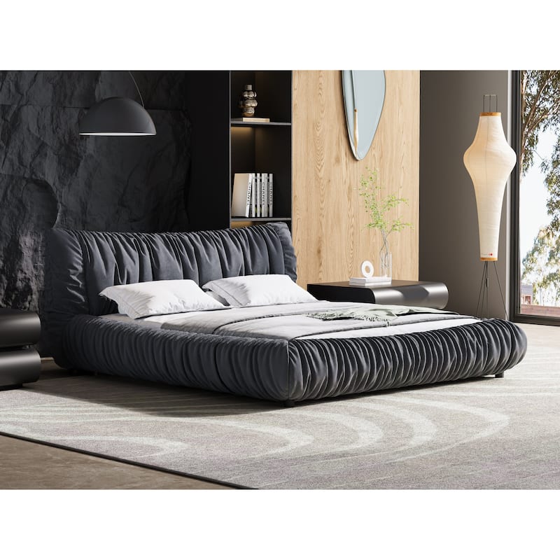 King Size Upholstered Platform Bed with Removable Cushions, Solid Pine Wood Frame, Adjustable Mattress Heights