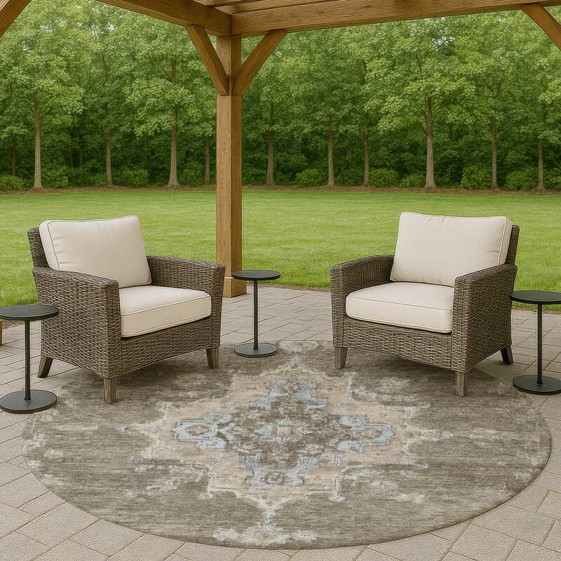 Machine Washable Indoor/ Outdoor Traditional Tabriz Chantille Rug - Brown - 8' x 8'