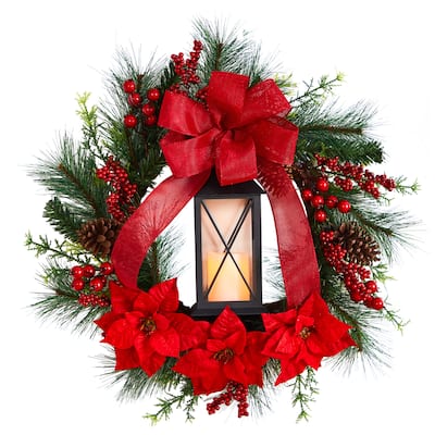28" Poinsettia and Berry Holiday Lantern Christmas Wreath - Green - 28