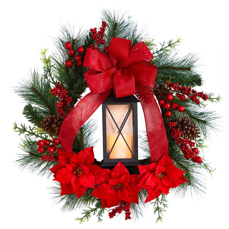 Pre-lit Poinsettia and Berry Artificial Christmas Wreath with Lantern, 28-Inch - Red