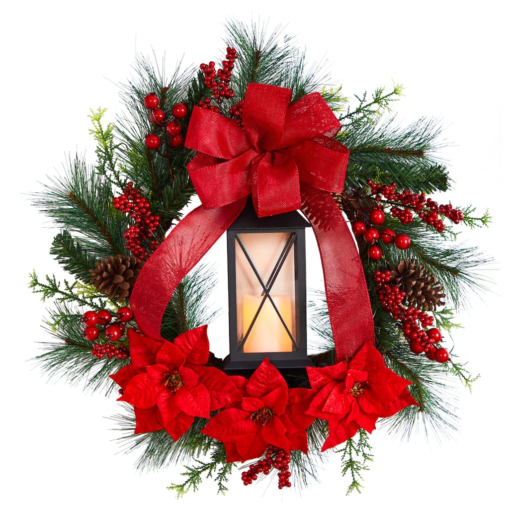 Pre-lit Poinsettia and Berry Artificial Christmas Wreath with Lantern, 28-Inch - Red