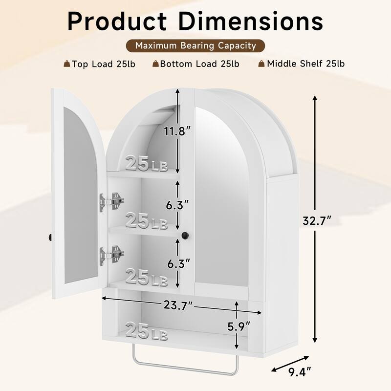 Wall Mounted Arched Cabinet with Mirrored Doors and Adjustable Shelves for Laundry Room, Bathroom, Kitchen