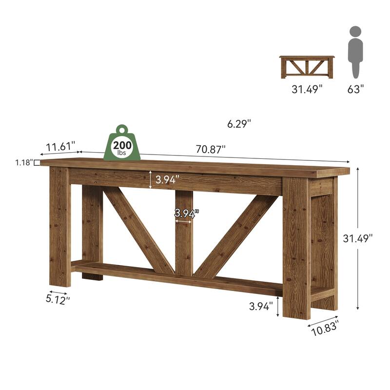 70.9-Inch Solid Wood Sofa Console Table, Extra Long Storage Shelves Entryway Table for Living Room, Hallway, Foyer