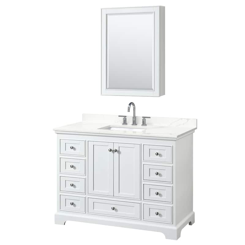 Deborah 48-inch Single Vanity, Quartz Top, Medicine Cabinet - White, Chrome Trim, Giotto Quartz Top