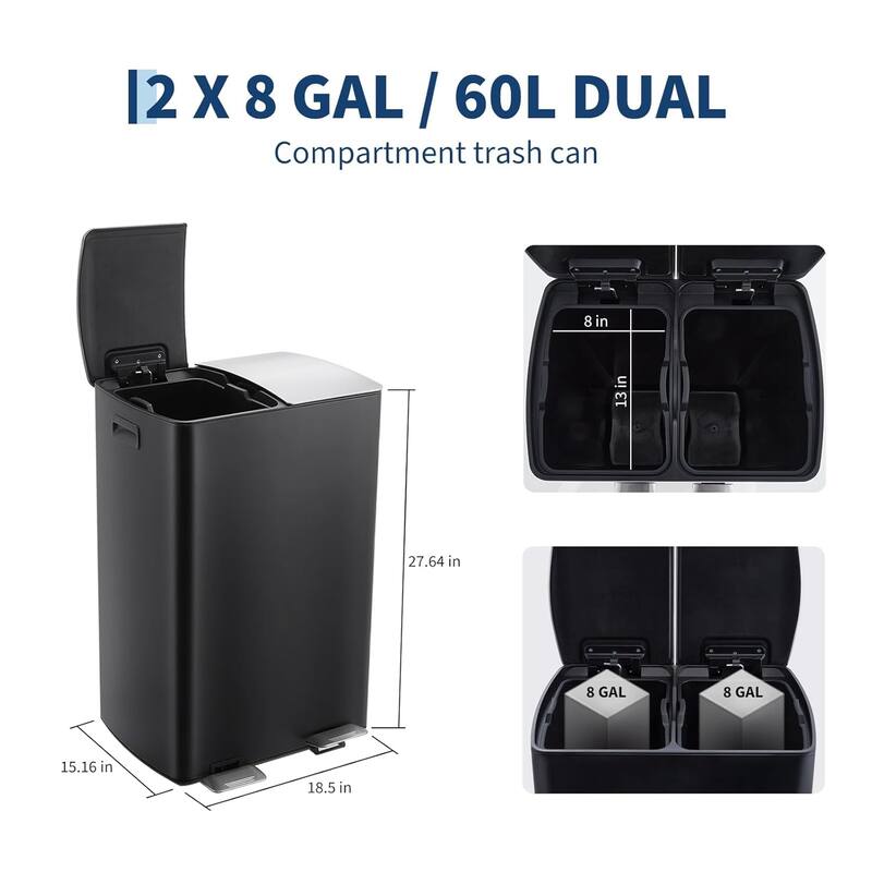 16-Gallon Dual Compartment Kitchen Recycling Station with Soft-Close Lids and Removable Buckets Black