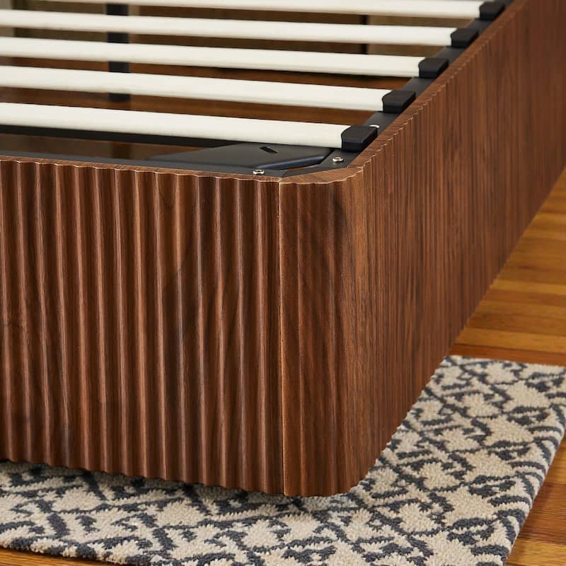 Lift Up Storage Platform Bed with Hydraulic Mechanism, Curved Corrugated Wooden Panels, No Box Spring Required