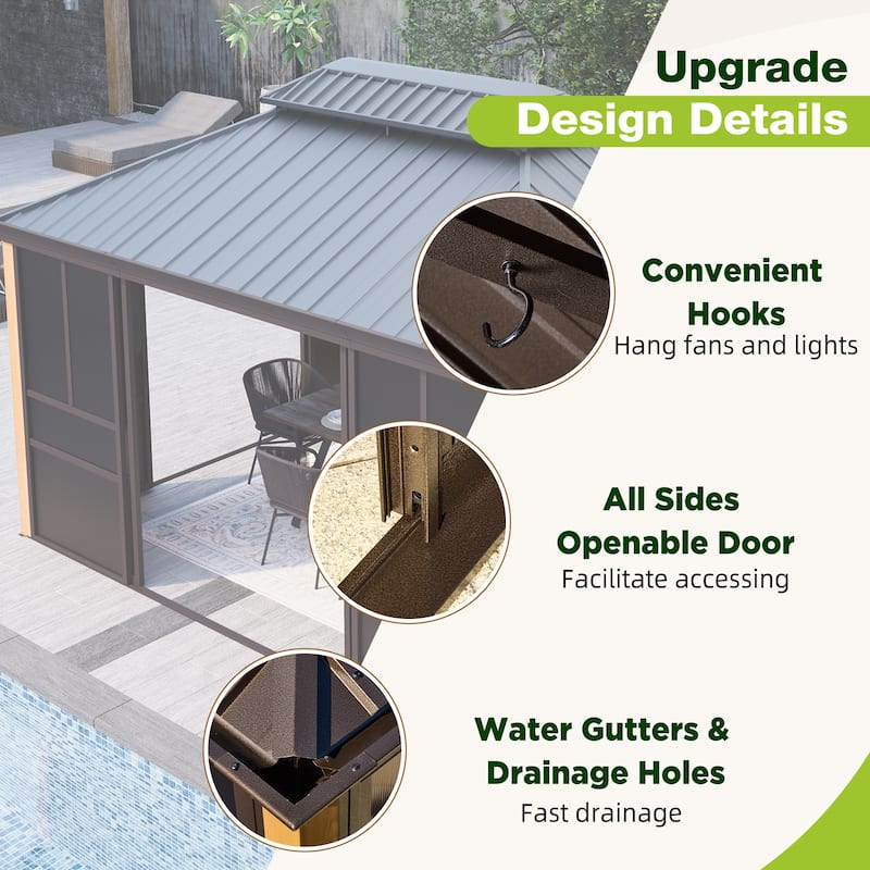 Erommy Outdoor Solarium Sunroom, Patio Hardtop Gazebo, Aluminum Frame Permanent Gazebo with Sliding Doors and Screens